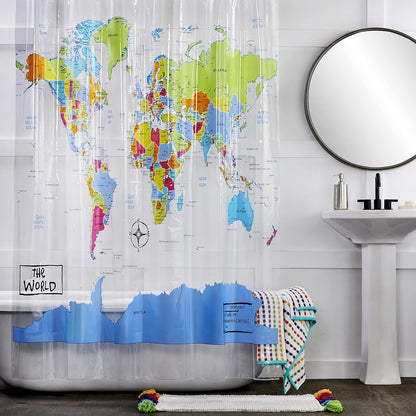 SKL Home The World Map Waterproof PEVA Shower Curtain, Clear/Multi