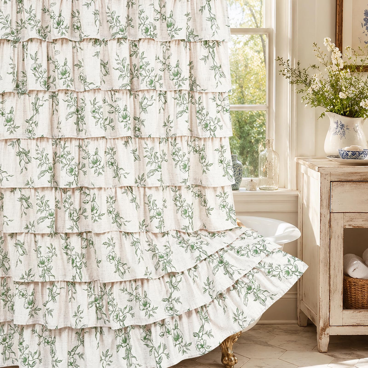 Farmhouse Floral Shower Curtain, Ruffle Bathroom Curtains, 72"Wx72"L