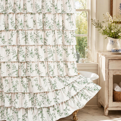 Farmhouse Floral Shower Curtain, Ruffle Bathroom Curtains, 72"Wx72"L