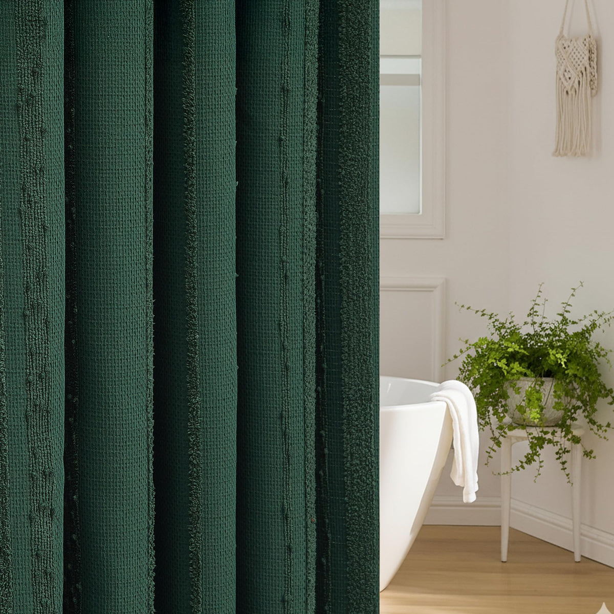 Extra Long White Shower Curtain Boho, 72 x 84 Cotton Blend Waffle Weave Stripe Textured Heavy Duty, Fabric Shower Curtain for Bathroom, Hotel, Washable