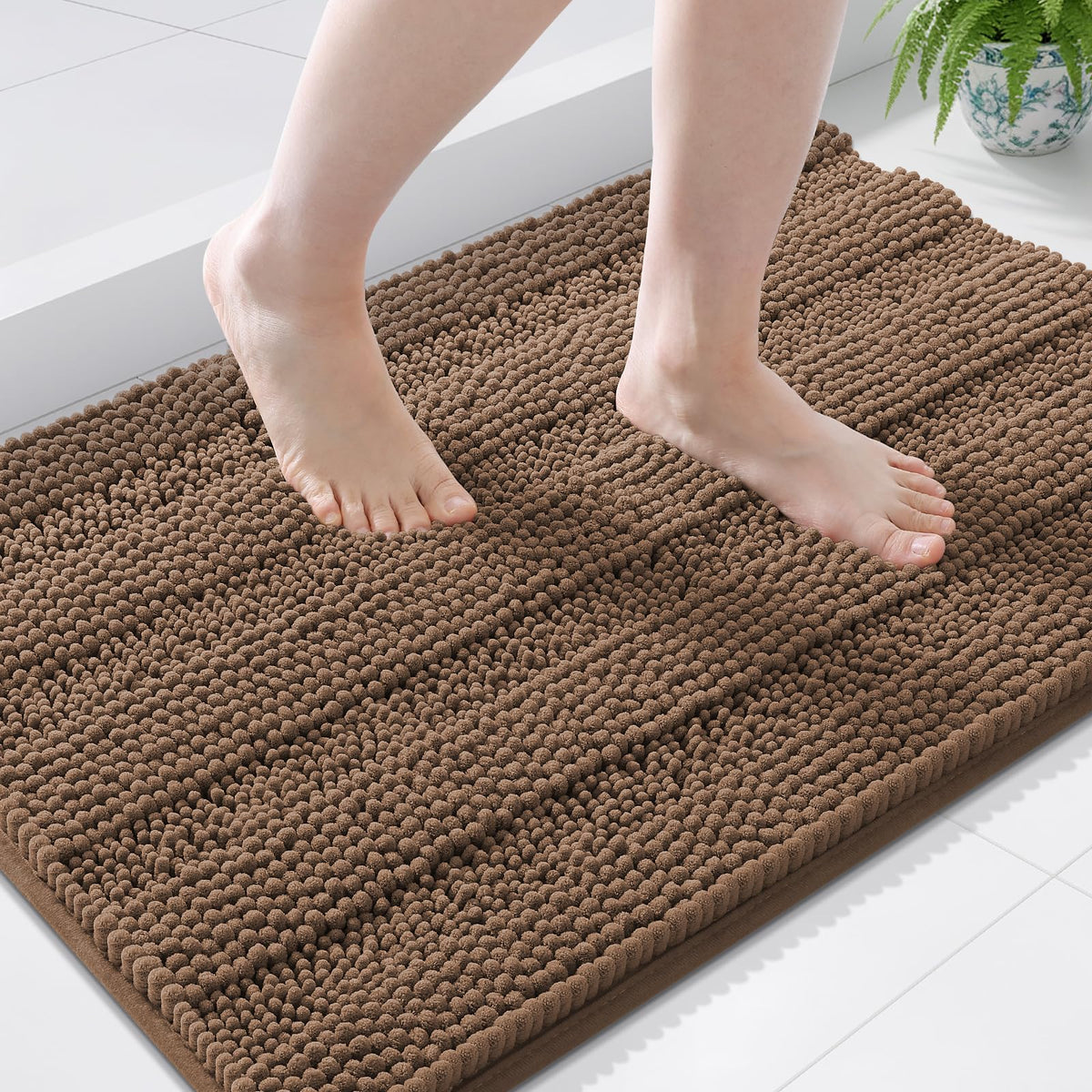 Grandaily Chenille Striped Bathroom Rugs 36x24, Extra Thick and Absorbent Bath Mats, Non-Slip Soft Plush Shaggy Shower Carpet, Machine Wash Dry, Bath Rug for Bathroom, (Large, Light Grey)