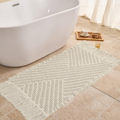 Waffle Bath Mat Non Slip, Boho Bathroom Rug, White/Taupe, 16"x24"