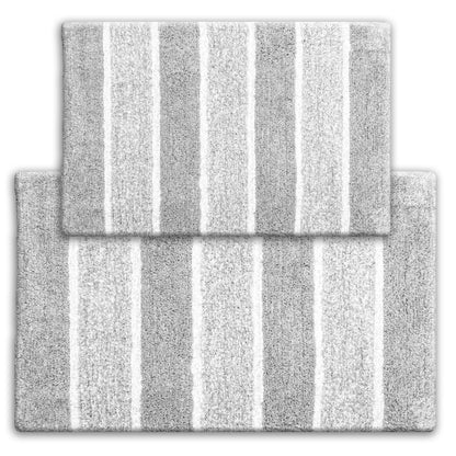 Chardin home Cordural Stripes Bath Mat, Set of 2 Bath Rugs (17 Inches x24 Inches & 21 Inches x34 Inches) | Non Slip Bathroom Rug, Machine Washable, Plush, Highly Absorbent | Bluish Gray- Beige