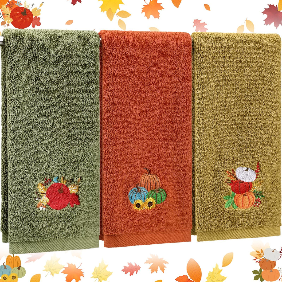 Fanfanwin 3 Pcs Fall Hand Towels for Bathroom 13.8 x 29.5 Inch Autumn Decorative Bath Towels Sets 100% Cotton Embroidered Pumpkin Maple Thanksgiving Bathroom Decor(Orange and Brown,Pumpkin)
