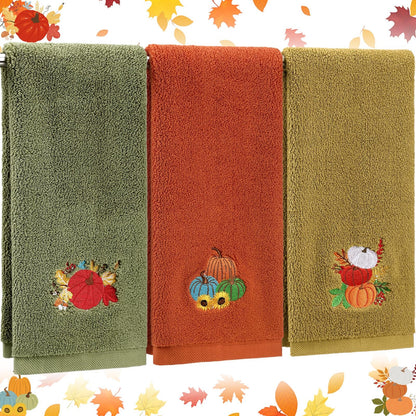 Fanfanwin 3 Pcs Fall Hand Towels for Bathroom 13.8 x 29.5 Inch Autumn Decorative Bath Towels Sets 100% Cotton Embroidered Pumpkin Maple Thanksgiving Bathroom Decor(Orange and Brown,Pumpkin)