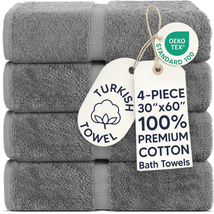 Chakir Turkish Linens 100% Cotton 4-Pack Bath Towels 27x54, Gray