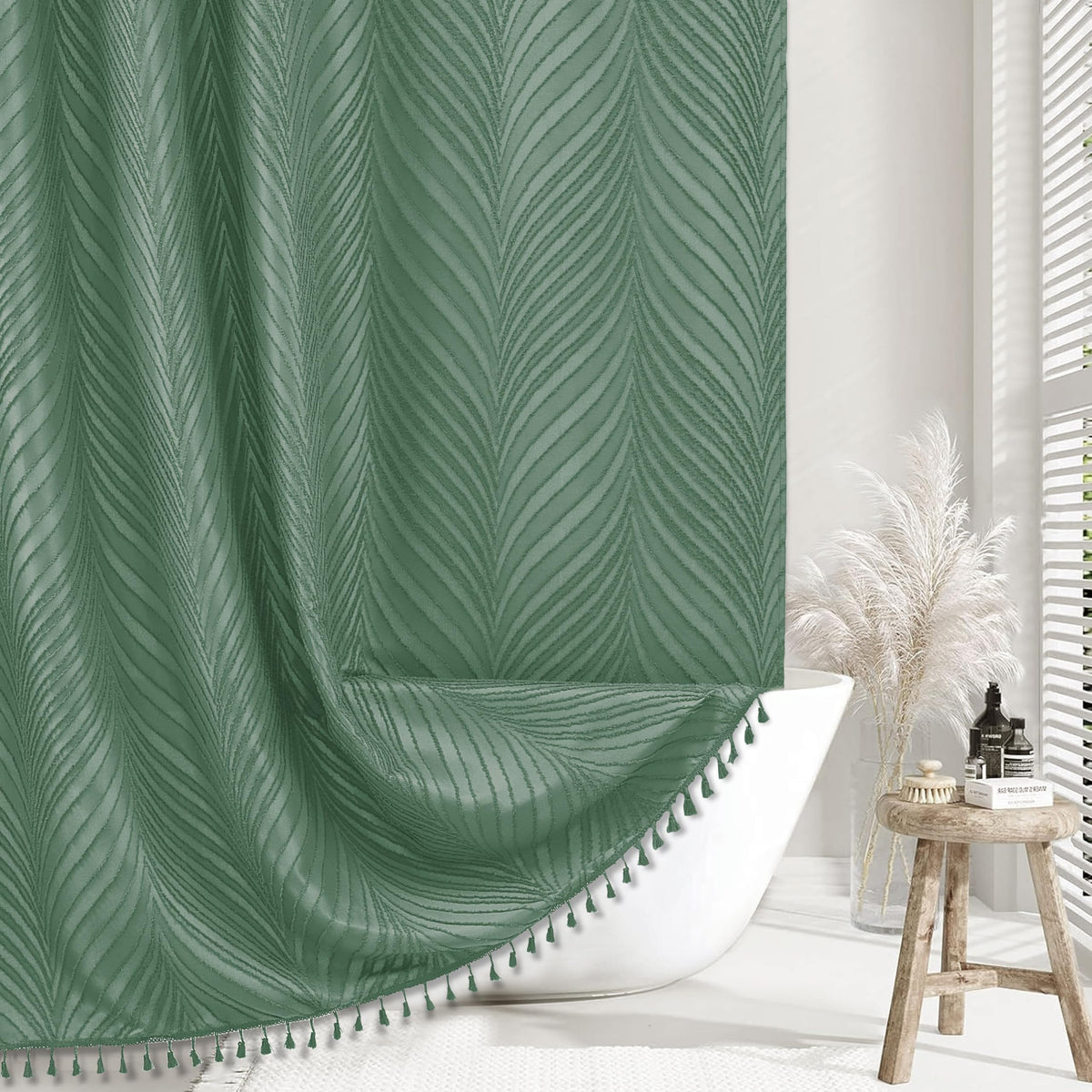 Siiluminisoy Dark Green Boho Shower Curtain Green Shower Curtain for Bathroom Fabric Tufted Chervon Textured Shower Curtains Elegant Cloth Shower Curtains Cute, 72" x72"