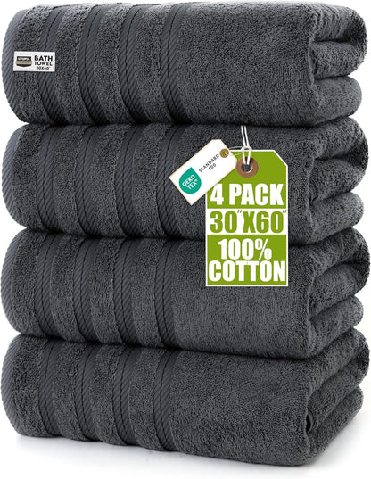 Utopia Towels 4 Pack XL Bath Towels, 30x60 in, Cotton, Grey