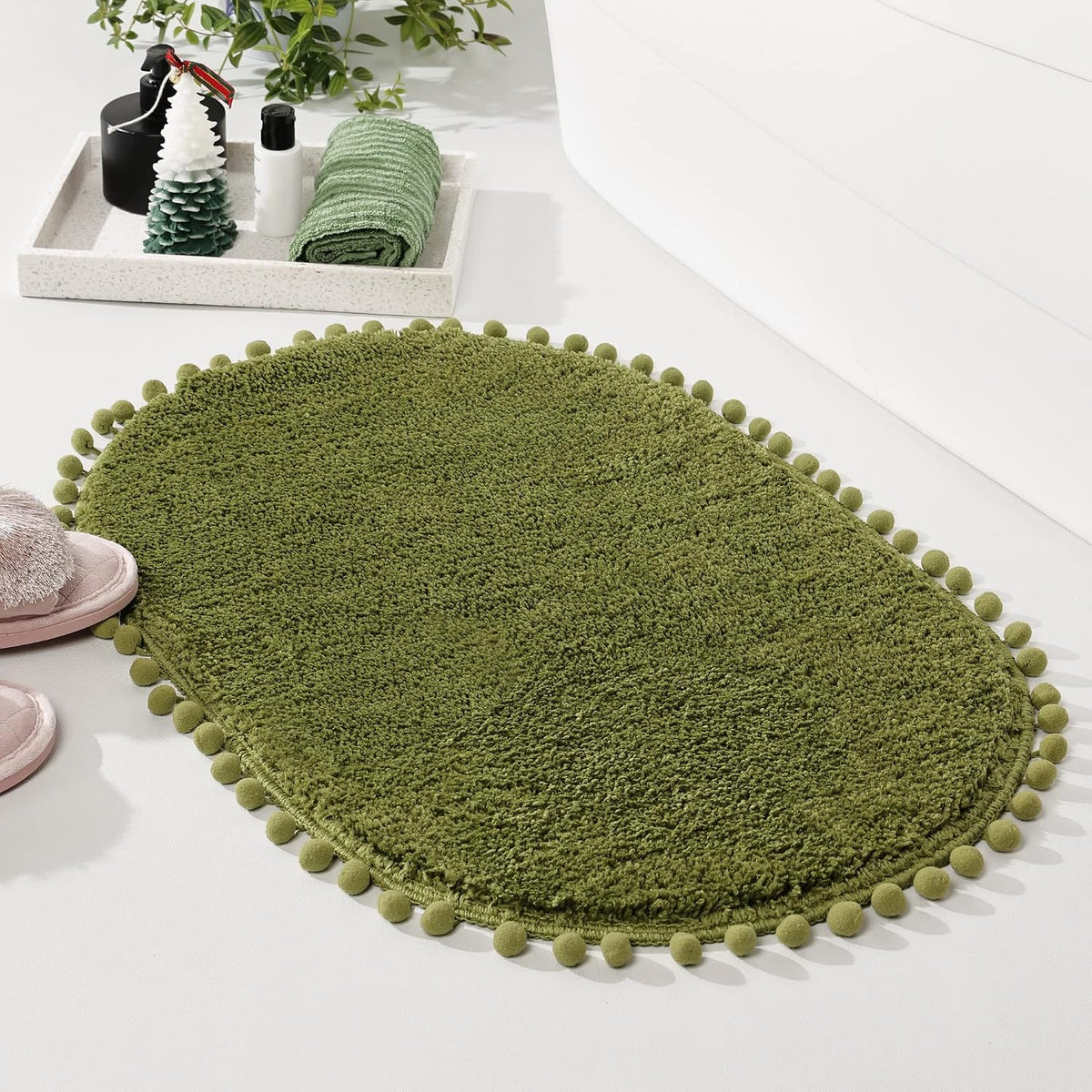 YIRDDEO Oval Rug for Bathroom, Cute Boho Bath Mat with Pom, Olive Green