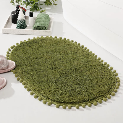 YIRDDEO Oval Rug for Bathroom, Cute Boho Bath Mat with Pom, Olive Green