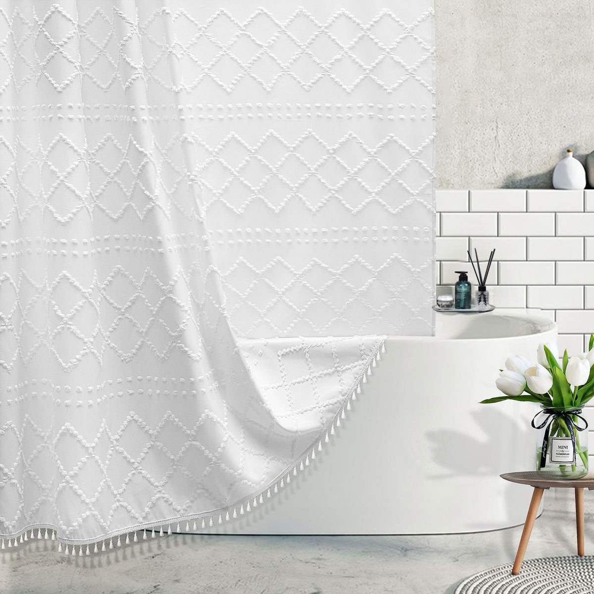 Siiluminisoy Navy Blue Shower Curtain Boho Shower Curtains Fabric, Tufted Chevron Textured Striped Modern Minimalist Cloth Shower Curtain for Bathroom, 72 x 72