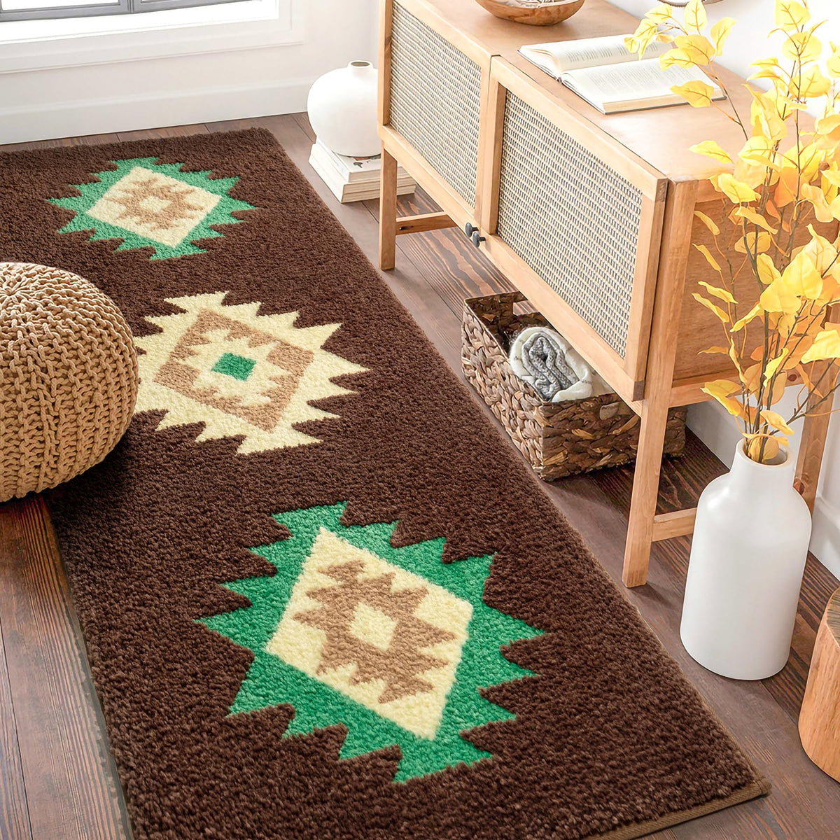DEXDE Black Bathroom Rugs 20x32 Aztec Boho Long Western Plush Bath Mats