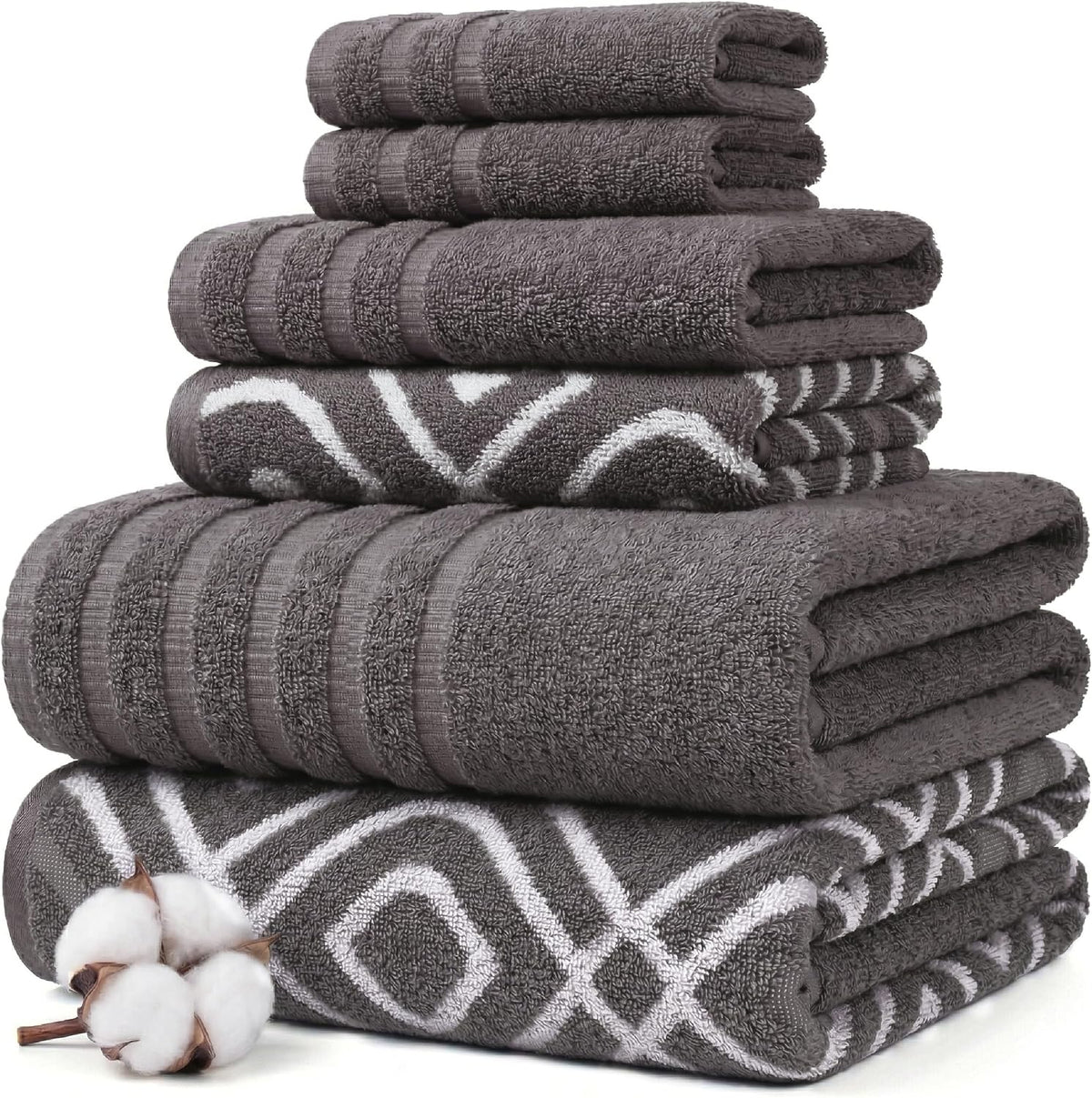 Modern Threads 6 Piece Bath Towel Set – Bathroom Set with 2 Bath Towels, 2 Hand Towels, and 2 Wash Cloths – 100% Cotton, Super Absorbent & Extra Soft – Reversible Classic Diamond (Gray)