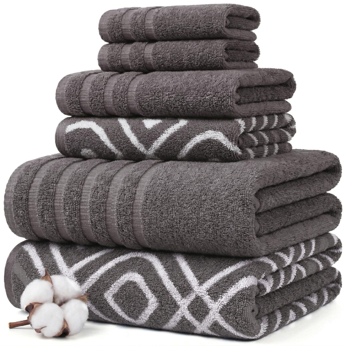 Modern Threads 6 Piece Bath Towel Set – Bathroom Set with 2 Bath Towels, 2 Hand Towels, and 2 Wash Cloths – 100% Cotton, Super Absorbent & Extra Soft – Reversible Classic Diamond (Gray)