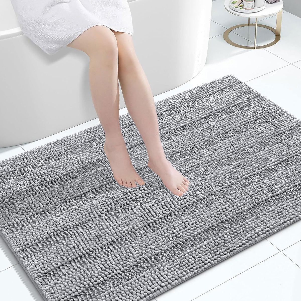 Grandaily Chenille Striped Bathroom Rugs 36x24, Extra Thick and Absorbent Bath Mats, Non-Slip Soft Plush Shaggy Shower Carpet, Machine Wash Dry, Bath Rug for Bathroom, (Large, Light Grey)