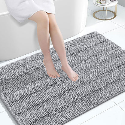 Grandaily Chenille Striped Bathroom Rugs 36x24, Extra Thick and Absorbent Bath Mats, Non-Slip Soft Plush Shaggy Shower Carpet, Machine Wash Dry, Bath Rug for Bathroom, (Large, Light Grey)