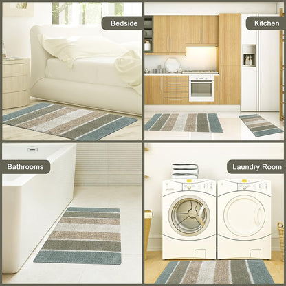 Chardin home Cordural Stripes Bath Mat, Set of 2 Bath Rugs (17 Inches x24 Inches & 21 Inches x34 Inches) | Non Slip Bathroom Rug, Machine Washable, Plush, Highly Absorbent | Bluish Gray- Beige