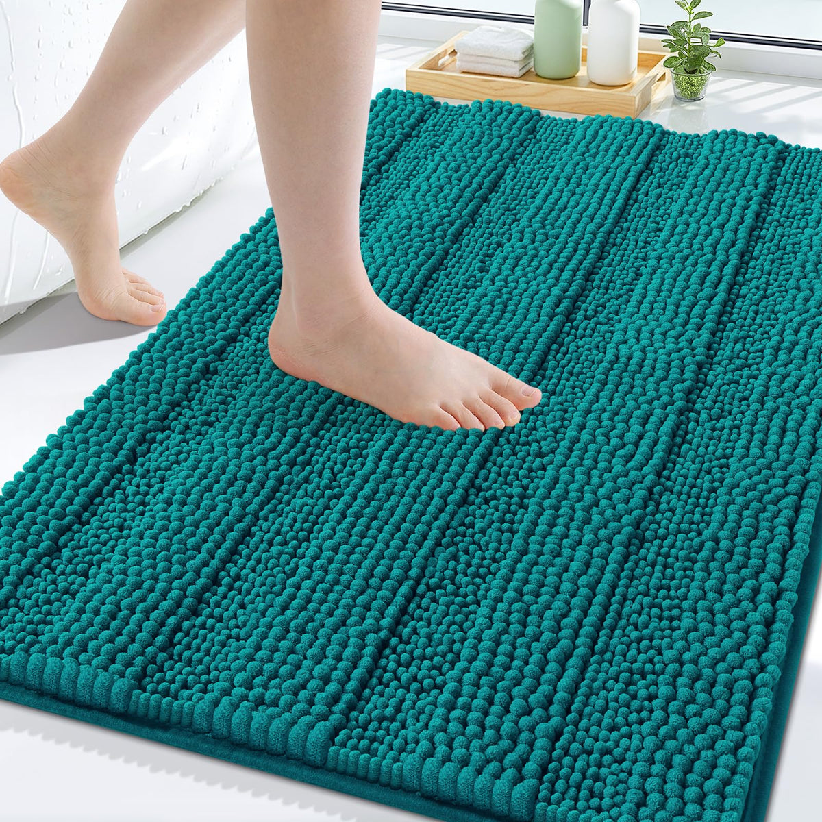 Grandaily Chenille Striped Bathroom Rugs 36x24, Extra Thick and Absorbent Bath Mats, Non-Slip Soft Plush Shaggy Shower Carpet, Machine Wash Dry, Bath Rug for Bathroom, (Large, Light Grey)