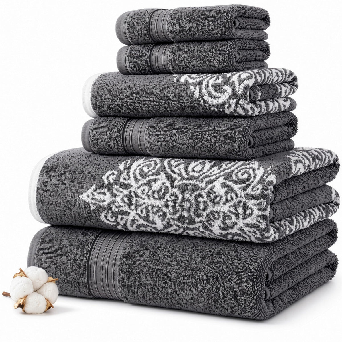 Modern Threads 6-Piece 100% Cotton Damask Medallion Towel Set, Sage