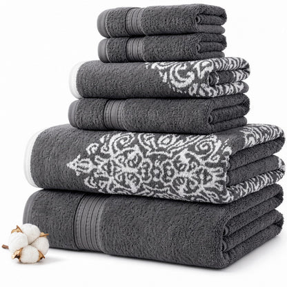 Modern Threads 6-Piece 100% Cotton Damask Medallion Towel Set, Sage