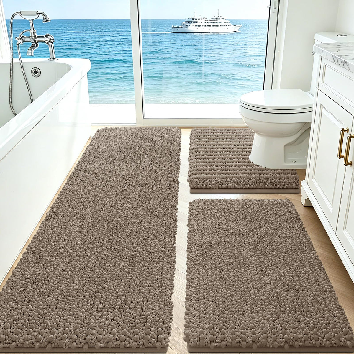 ACCUMTEK Upgrade Extra Large Black Bathroom Rug Set 3 Pieces Ultra Soft, Thick Absorbent Bath Mats, Non Slip Chenille Toilet Mat for Bathroom, Bedroom, Kitchen