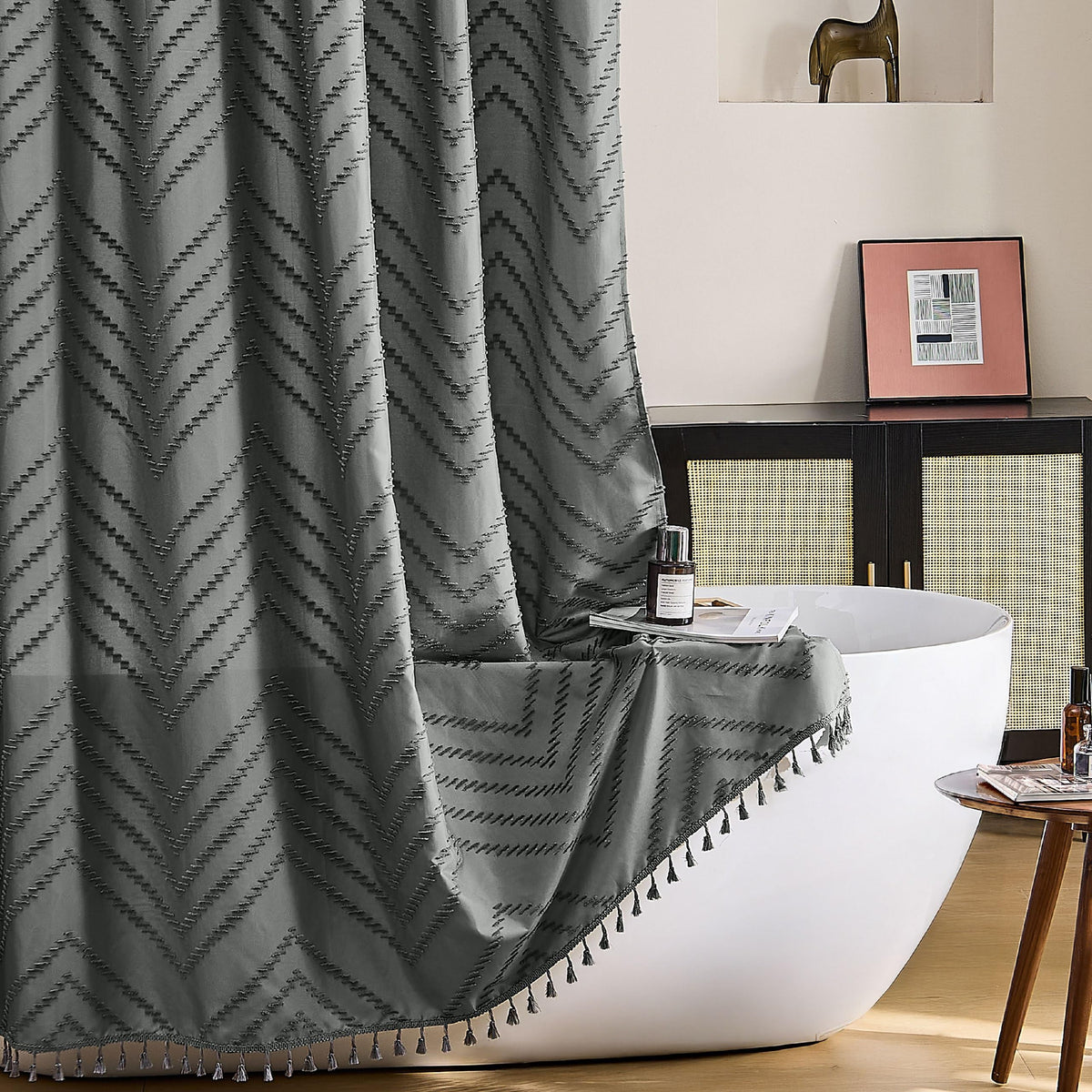 Siiluminisoy White Shower Curtain Fabric Boho Shower Curtain Cloth Textured Tufted Chevron Elegant Shower Curtains Waterproof for Bathroom 72" x 72"
