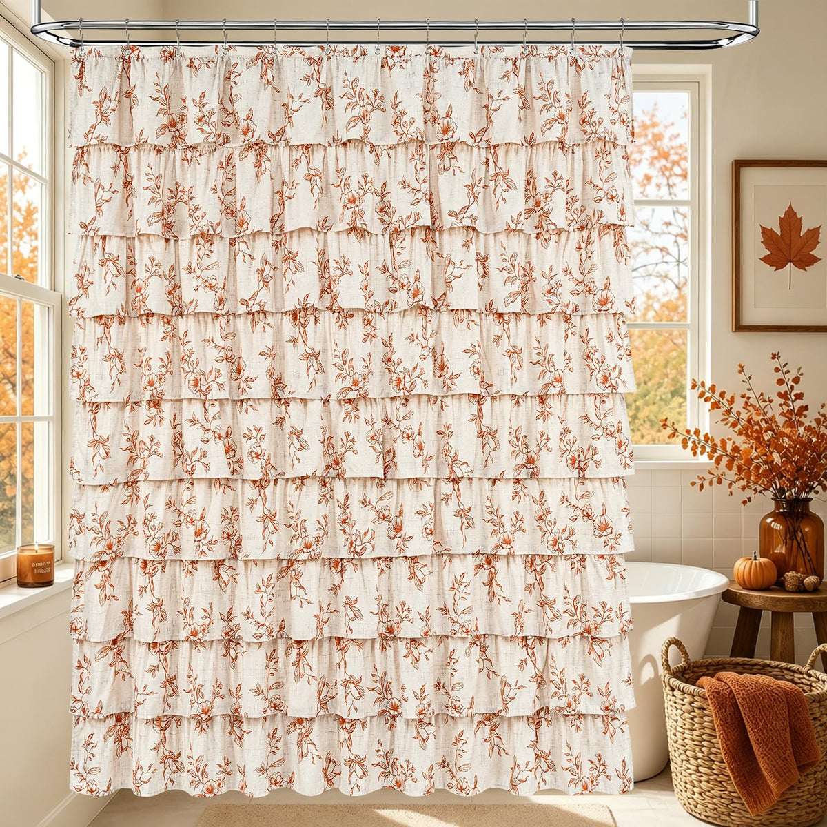 Farmhouse Floral Shower Curtain, Ruffle Bathroom Curtains, 72"Wx72"L