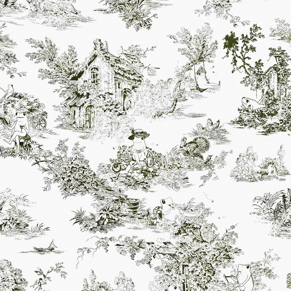 Mindsoft Vintage French Frog Toile Shower, Green, 72x72 Inch