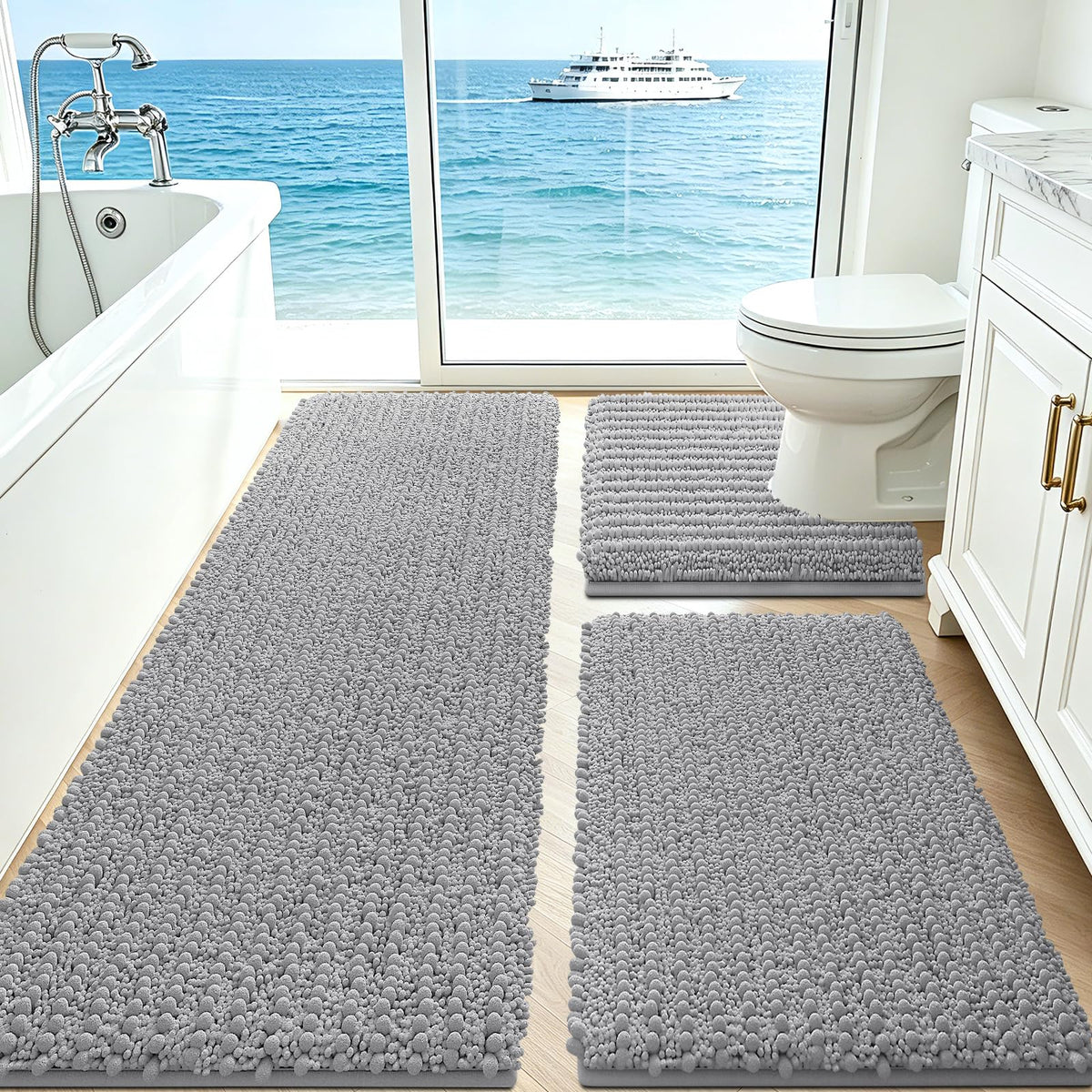 ACCUMTEK Upgrade Extra Large Black Bathroom Rug Set 3 Pieces Ultra Soft, Thick Absorbent Bath Mats, Non Slip Chenille Toilet Mat for Bathroom, Bedroom, Kitchen