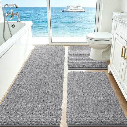 ACCUMTEK Upgrade Extra Large Black Bathroom Rug Set 3 Pieces Ultra Soft, Thick Absorbent Bath Mats, Non Slip Chenille Toilet Mat for Bathroom, Bedroom, Kitchen