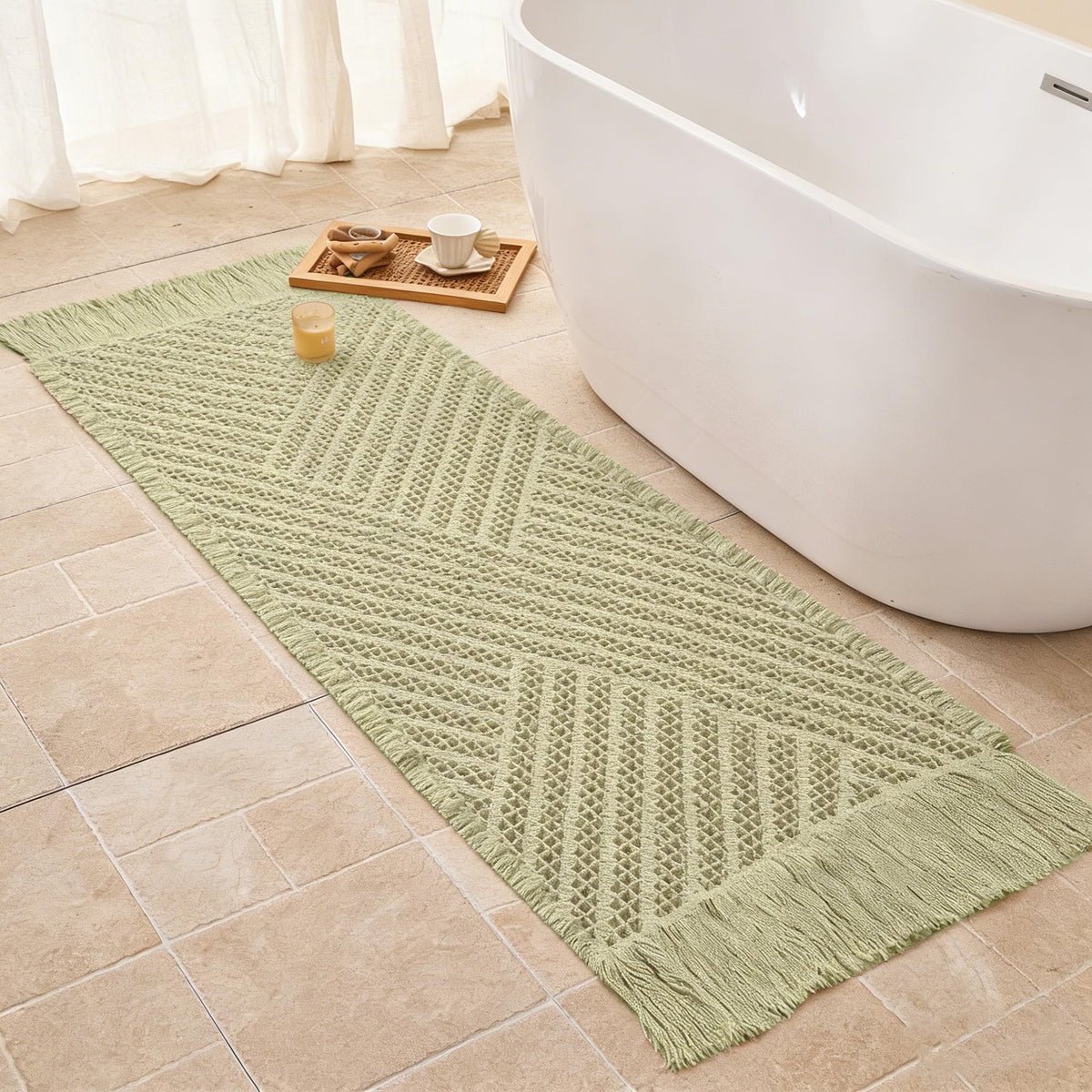 Waffle Bath Mat Non Slip, Boho Bathroom Rug, White/Taupe, 16"x24"