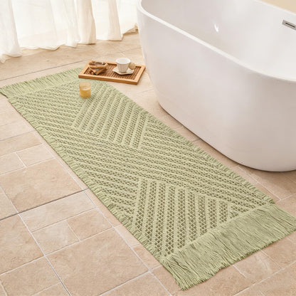 Waffle Bath Mat Non Slip, Boho Bathroom Rug, White/Taupe, 16"x24"