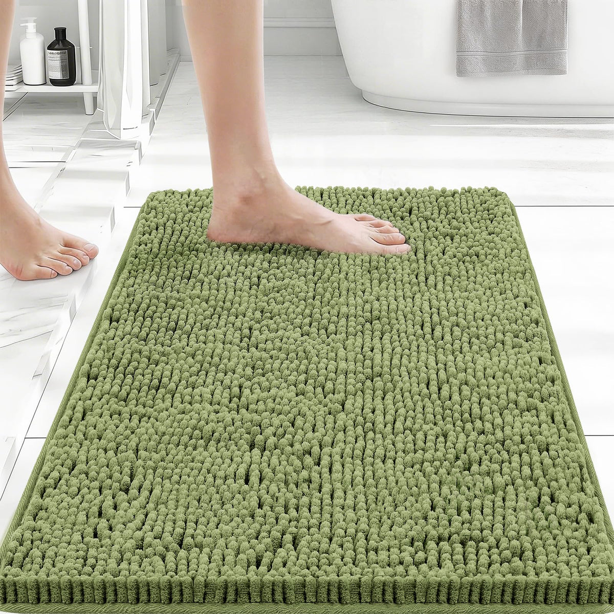 Bcoimo Bath Rug Mat,Sage Chenille High Absorbent Long Bathroom Runner Rugs