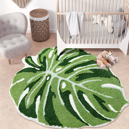 Panstar Large Monstera Leaf Bath Mat, Non Slip Green Plant Bathroom Rug, Absorbent Cute Palm Shaped Bathtub Rug Bathroom Plush Shower Rugs (32"X26")