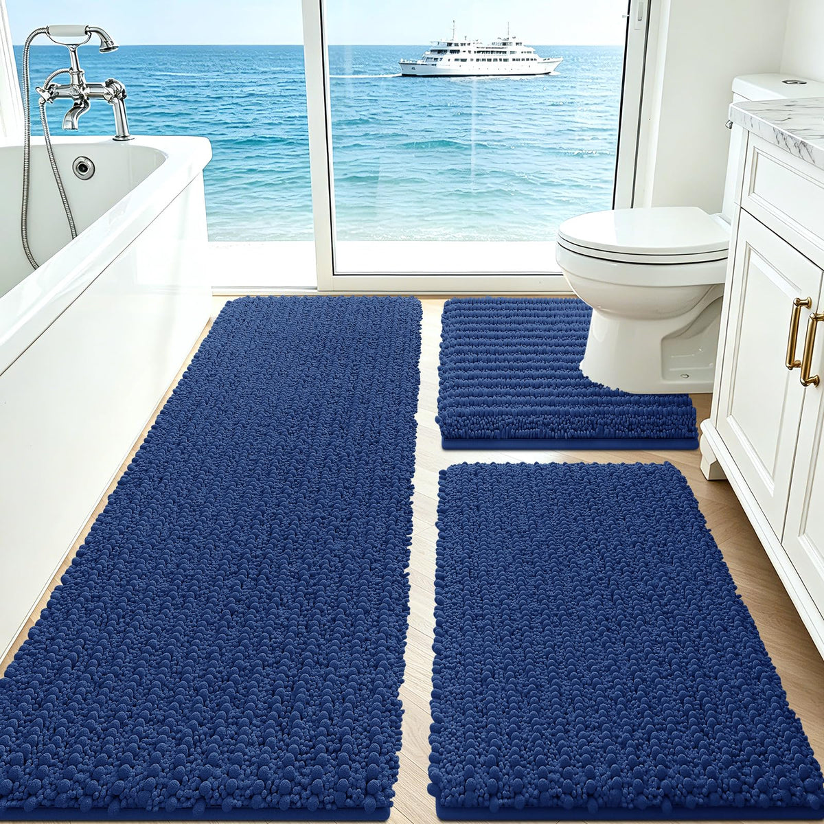 ACCUMTEK Upgrade Extra Large Black Bathroom Rug Set 3 Pieces Ultra Soft, Thick Absorbent Bath Mats, Non Slip Chenille Toilet Mat for Bathroom, Bedroom, Kitchen