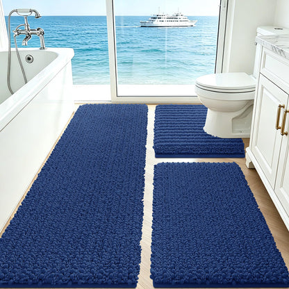 ACCUMTEK Upgrade Extra Large Black Bathroom Rug Set 3 Pieces Ultra Soft, Thick Absorbent Bath Mats, Non Slip Chenille Toilet Mat for Bathroom, Bedroom, Kitchen