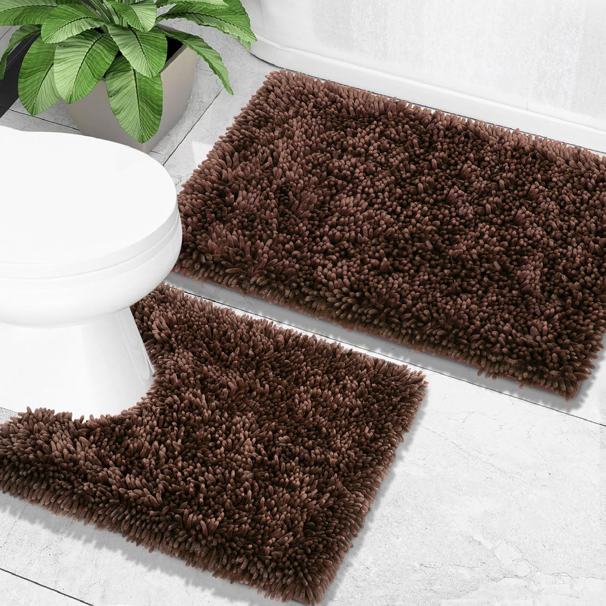 Yimobra Bathroom Rug Set 2 Piece, Luxury Shaggy Bath Mat Set with Non Slip Backing, Ultra Soft & Absorbent Mats for Bathroom Floor, Machine Washable, 31.5"x20"+24"x17", Dark Purple