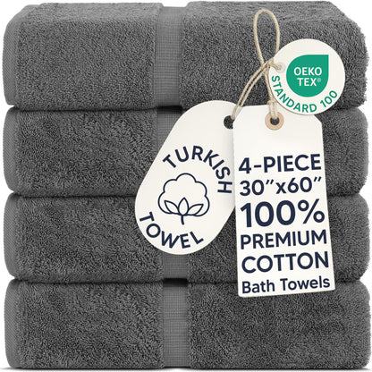 Chakir Turkish Linens 100% Cotton 4-Pack Bath Towels 27x54, Gray