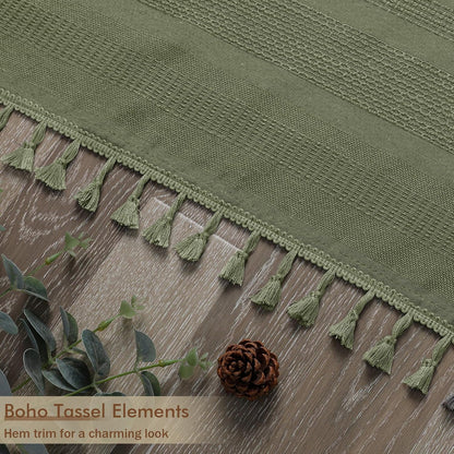 OVZME Sage Green Shower Curtain for Bathroom, Boho Linen Textured Shower Curtain with Tassel, Rustic Striped Heavy Duty Vintage Country Bathroom Curtain, 72Wx72L Inches