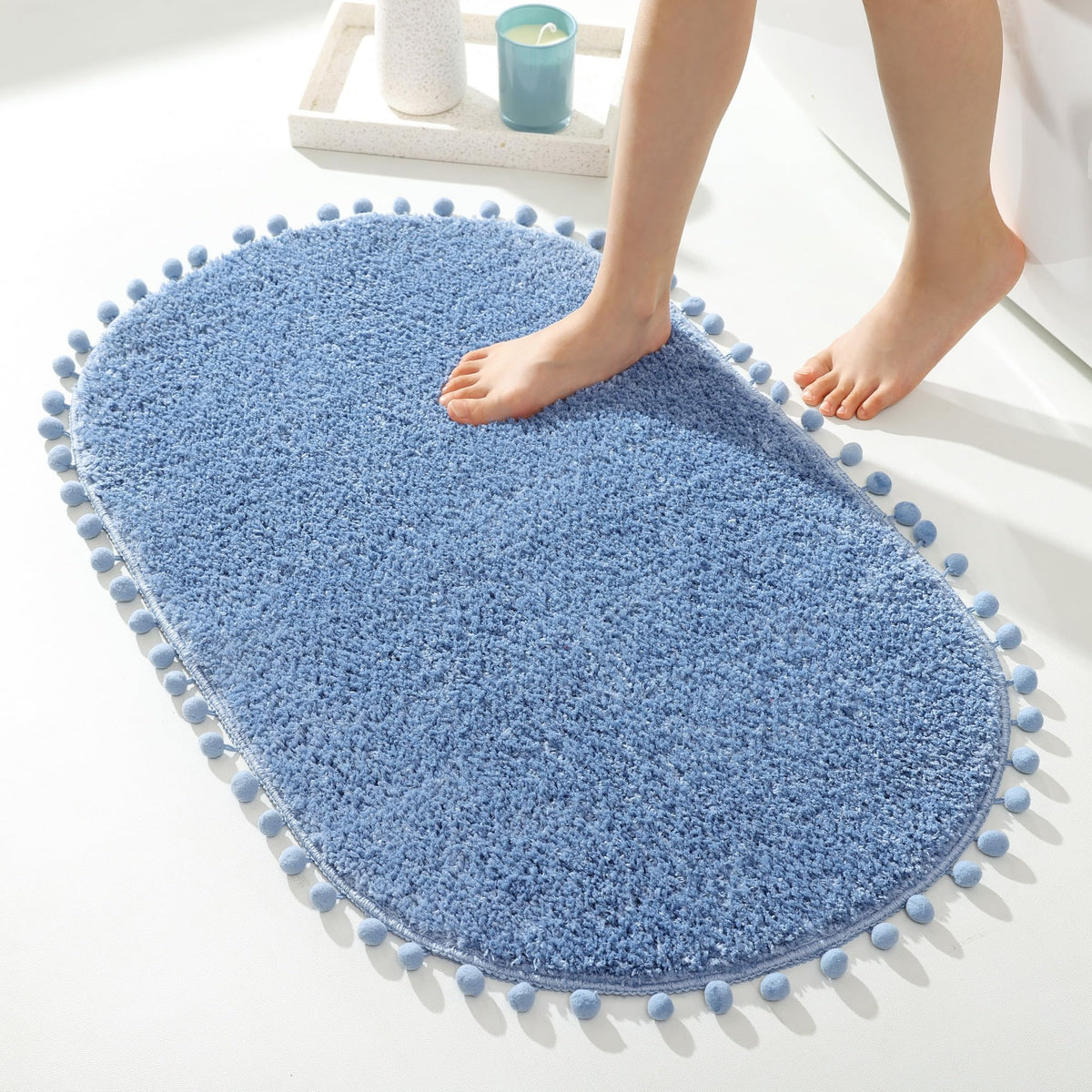 YIRDDEO Oval Rug for Bathroom, Cute Boho Bath Mat with Pom, Olive Green