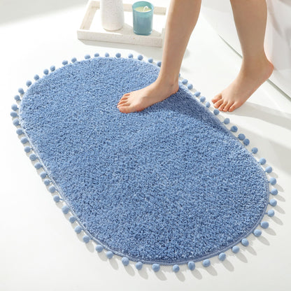 YIRDDEO Oval Rug for Bathroom, Cute Boho Bath Mat with Pom, Olive Green