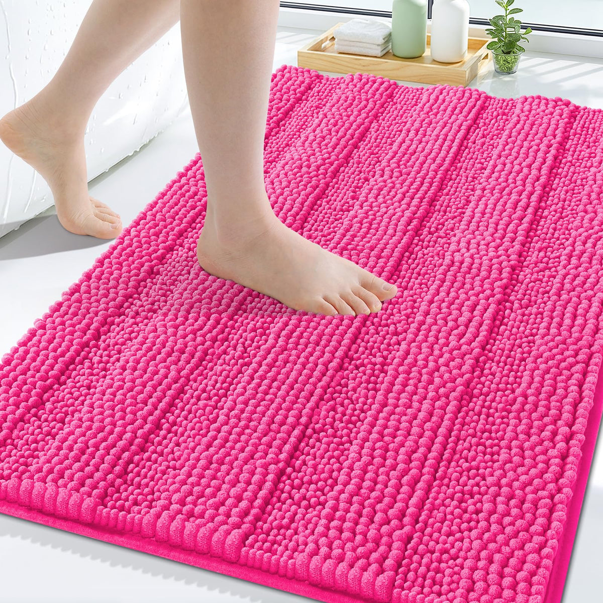 Grandaily Chenille Striped Bathroom Rugs 36x24, Extra Thick and Absorbent Bath Mats, Non-Slip Soft Plush Shaggy Shower Carpet, Machine Wash Dry, Bath Rug for Bathroom, (Large, Light Grey)