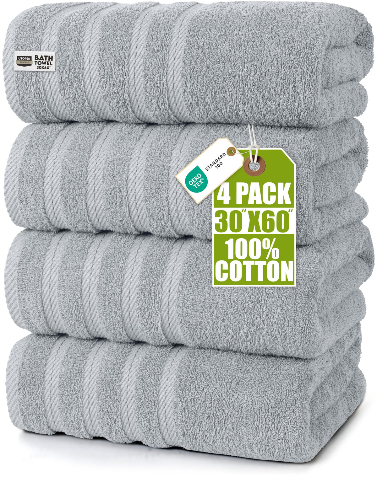 Utopia Towels 4 Pack XL Bath Towels, 30x60 in, Cotton, Grey