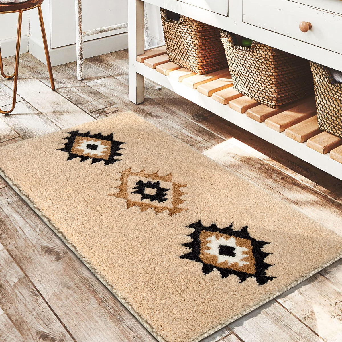 DEXDE Black Bathroom Rugs 20x32 Aztec Boho Long Western Plush Bath Mats