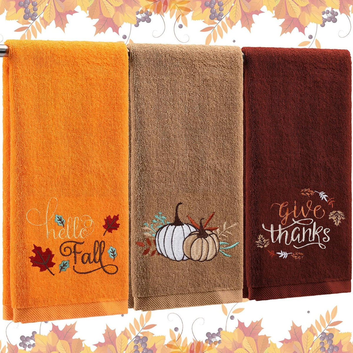 Fanfanwin 3 Pcs Fall Hand Towels for Bathroom 13.8 x 29.5 Inch Autumn Decorative Bath Towels Sets 100% Cotton Embroidered Pumpkin Maple Thanksgiving Bathroom Decor(Orange and Brown,Pumpkin)