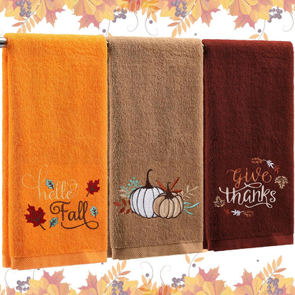 Fanfanwin 3 Pcs Fall Hand Towels for Bathroom 13.8 x 29.5 Inch Autumn Decorative Bath Towels Sets 100% Cotton Embroidered Pumpkin Maple Thanksgiving Bathroom Decor(Orange and Brown,Pumpkin)