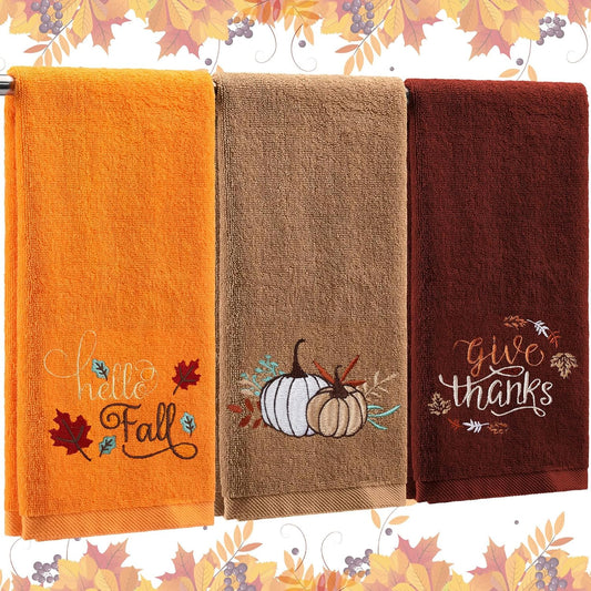 Fanfanwin 3 Pcs Fall Hand Towels for Bathroom 13.8 x 29.5 Inch Autumn Decorative Bath Towels Sets 100% Cotton Embroidered Pumpkin Maple Thanksgiving Bathroom Decor(Orange and Brown,Pumpkin)