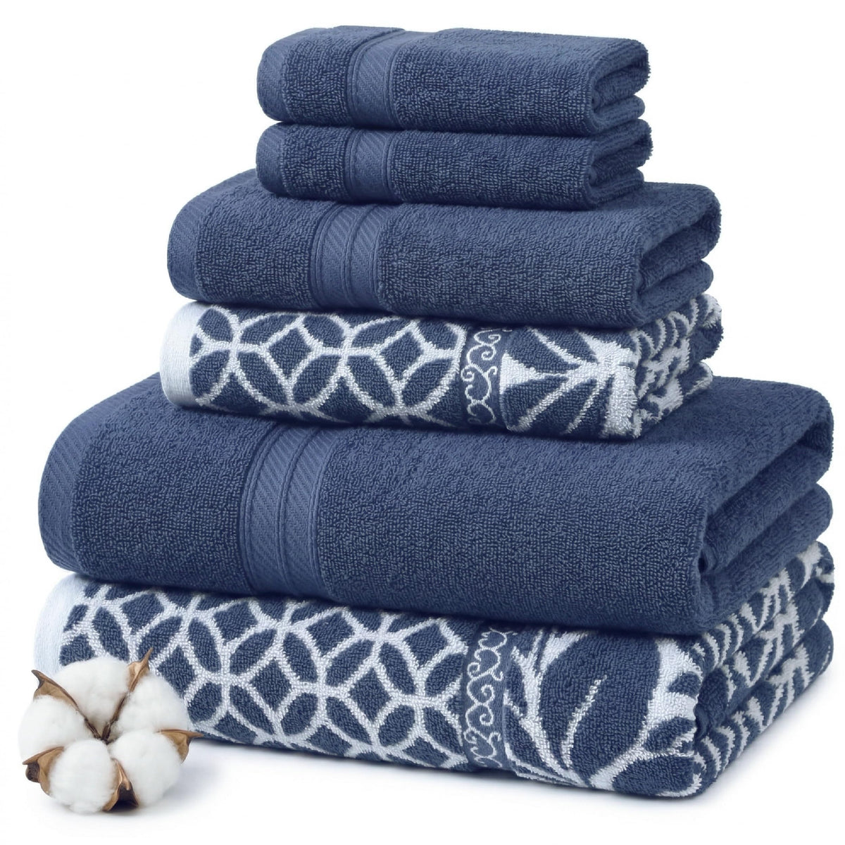 Modern Threads 6 Piece Bath Towel Set – Bathroom Set with 2 Bath Towels, 2 Hand Towels, and 2 Wash Cloths – 100% Cotton, Super Absorbent & Extra Soft – Reversible Floral Trail (Navy)
