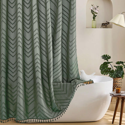 Siiluminisoy White Shower Curtain Fabric Boho Shower Curtain Cloth Textured Tufted Chevron Elegant Shower Curtains Waterproof for Bathroom 72" x 72"