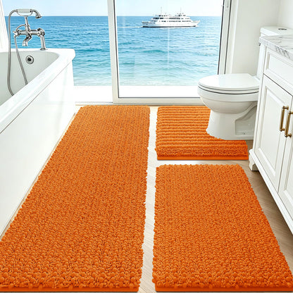 ACCUMTEK Upgrade Extra Large Black Bathroom Rug Set 3 Pieces Ultra Soft, Thick Absorbent Bath Mats, Non Slip Chenille Toilet Mat for Bathroom, Bedroom, Kitchen